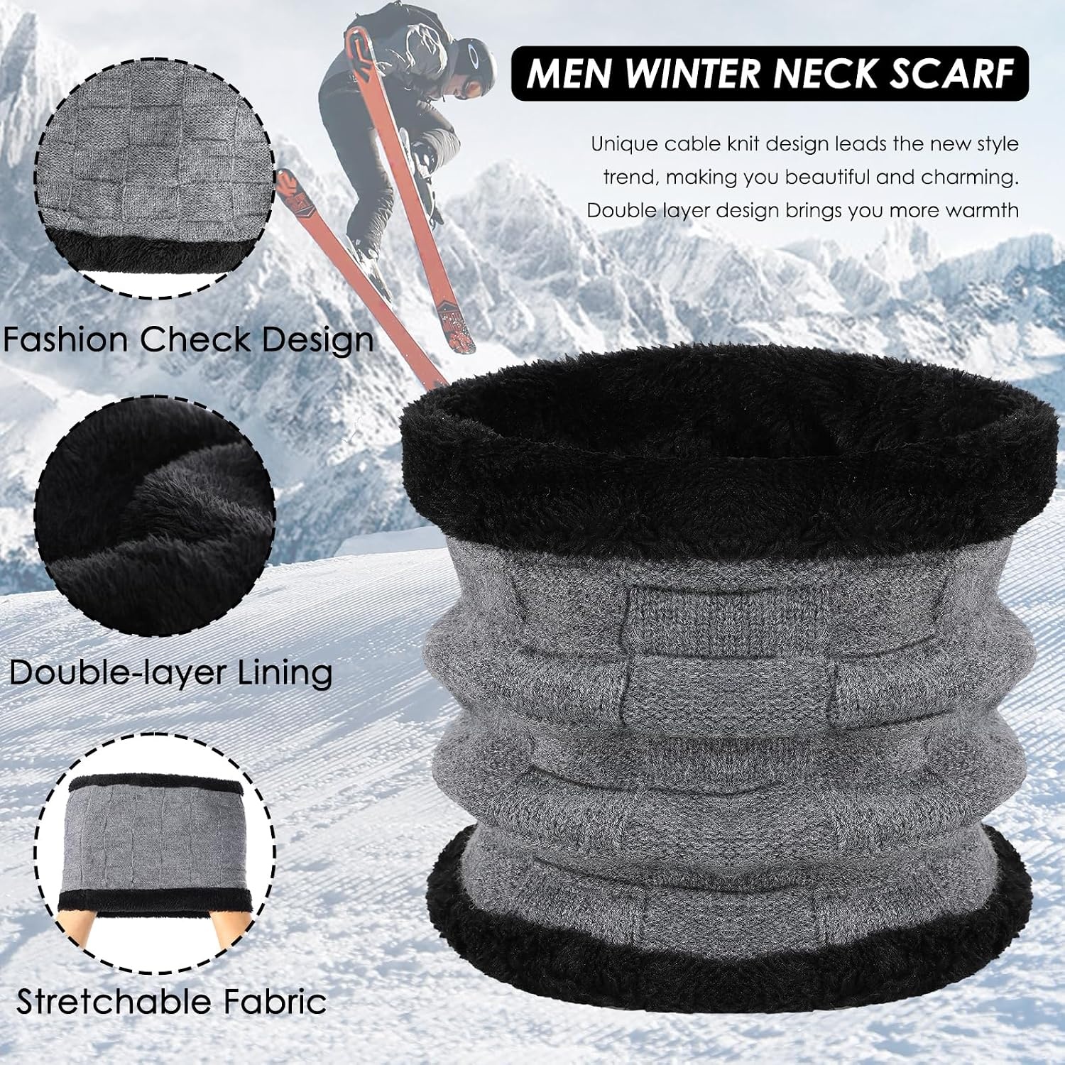 image:imageAchiou Winter Hats Scarf Gloves Set 3 Pcs Warm Knit Ski Beanie Hats for Men Touch Screen Texting Gloves Thermal Neck Warmer
