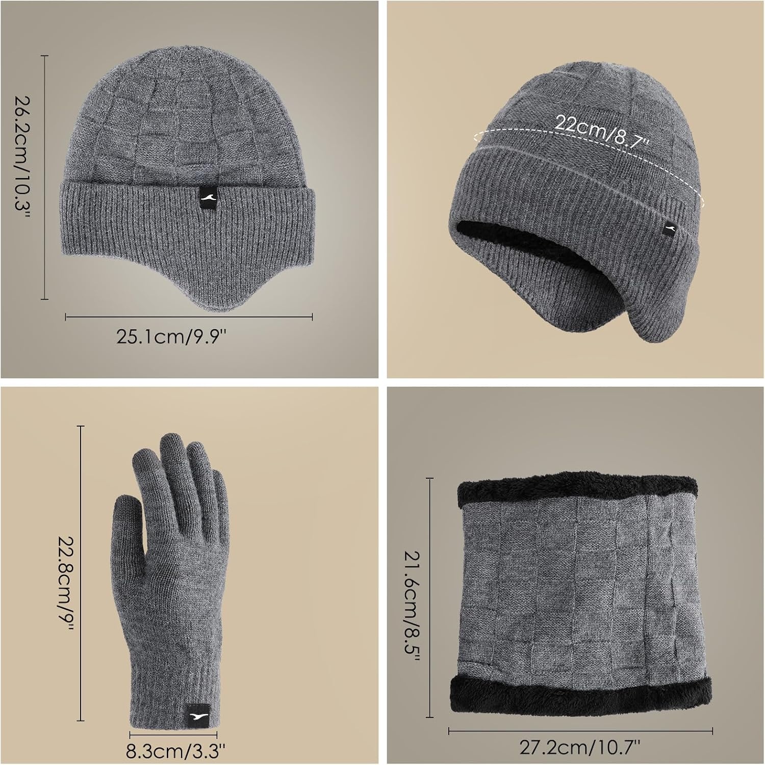 image:imageAchiou Winter Hats Scarf Gloves Set 3 Pcs Warm Knit Ski Beanie Hats for Men Touch Screen Texting Gloves Thermal Neck Warmer