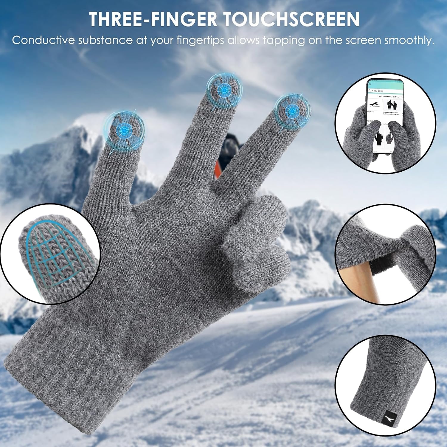 image:imageAchiou Winter Hats Scarf Gloves Set 3 Pcs Warm Knit Ski Beanie Hats for Men Touch Screen Texting Gloves Thermal Neck Warmer