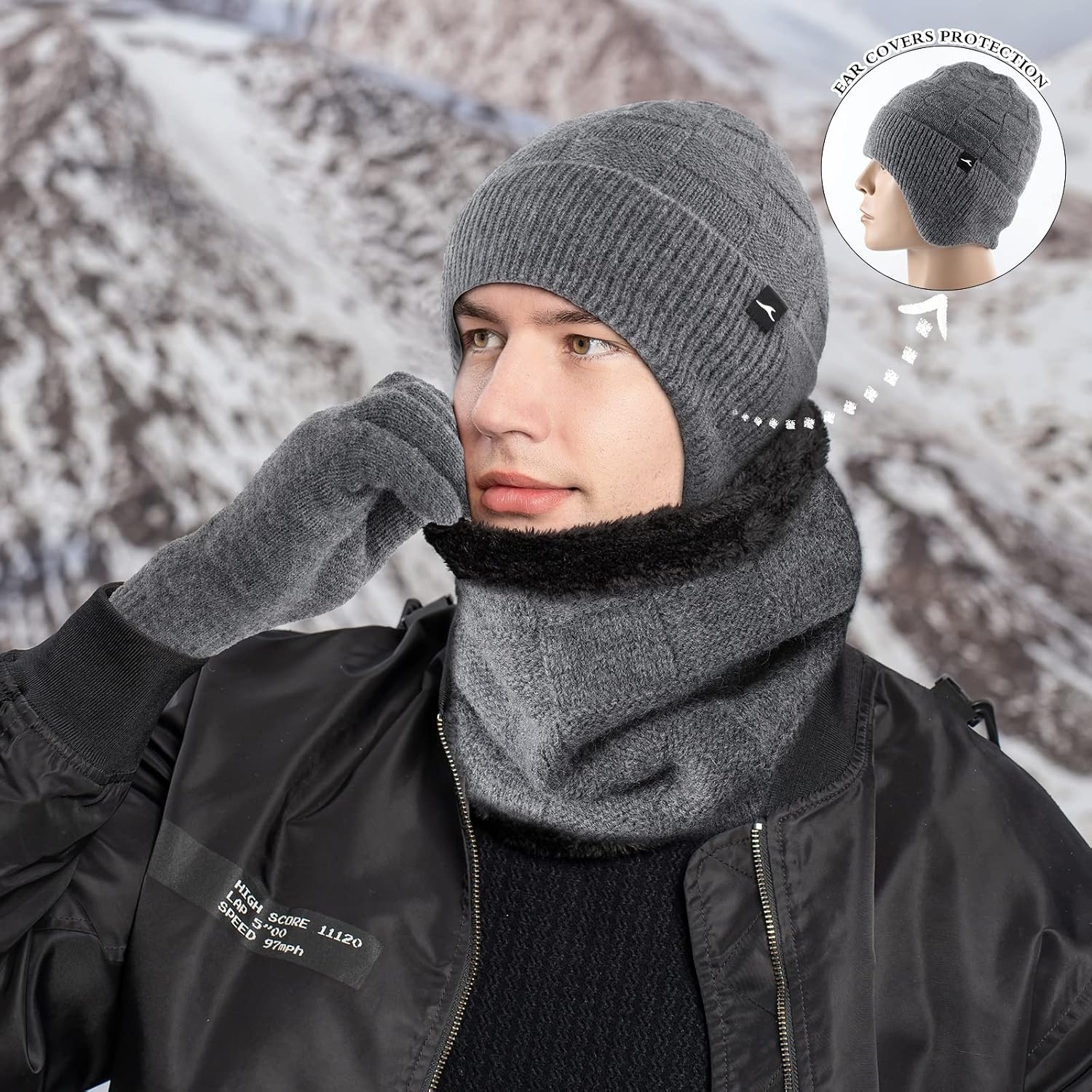 image:imageAchiou Winter Hats Scarf Gloves Set 3 Pcs Warm Knit Ski Beanie Hats for Men Touch Screen Texting Gloves Thermal Neck Warmer