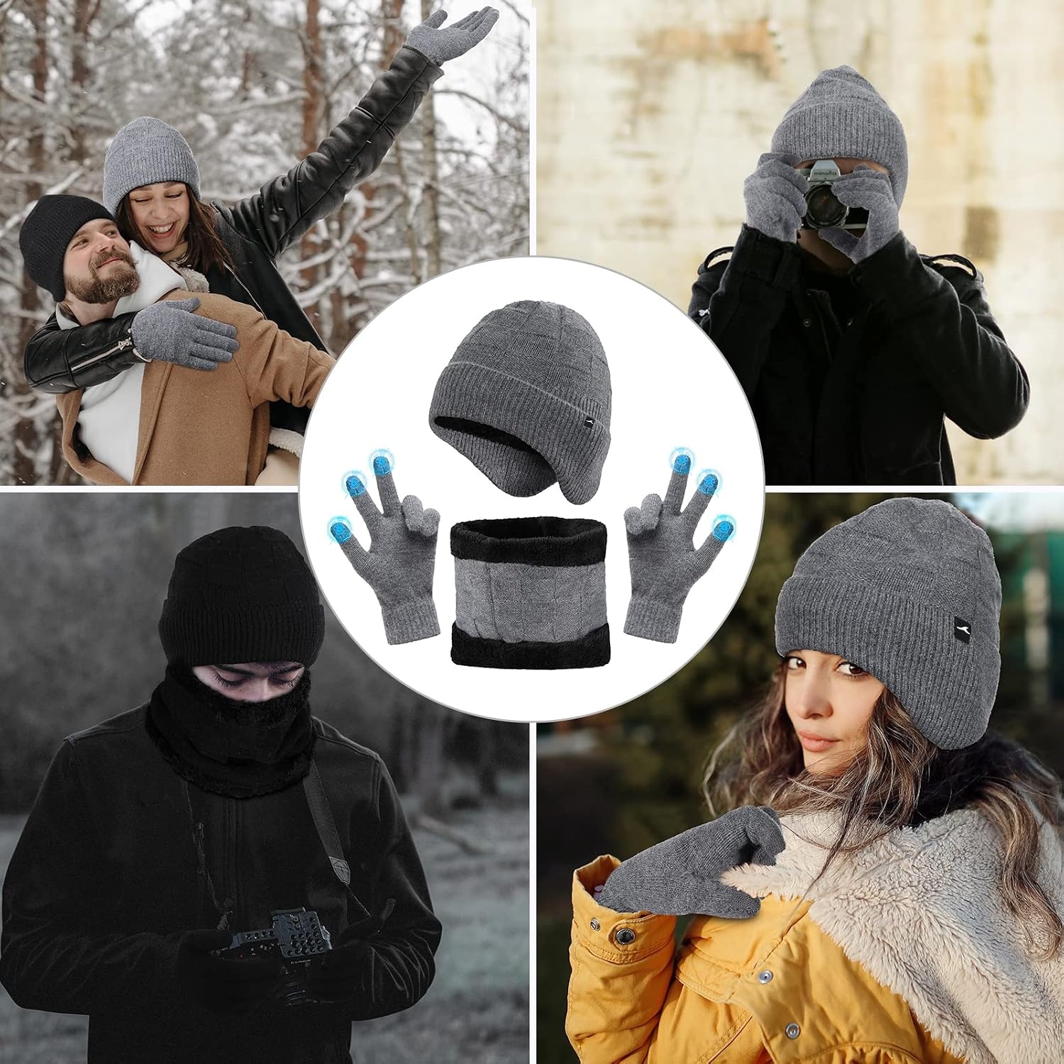 image:imageAchiou Winter Hats Scarf Gloves Set 3 Pcs Warm Knit Ski Beanie Hats for Men Touch Screen Texting Gloves Thermal Neck Warmer