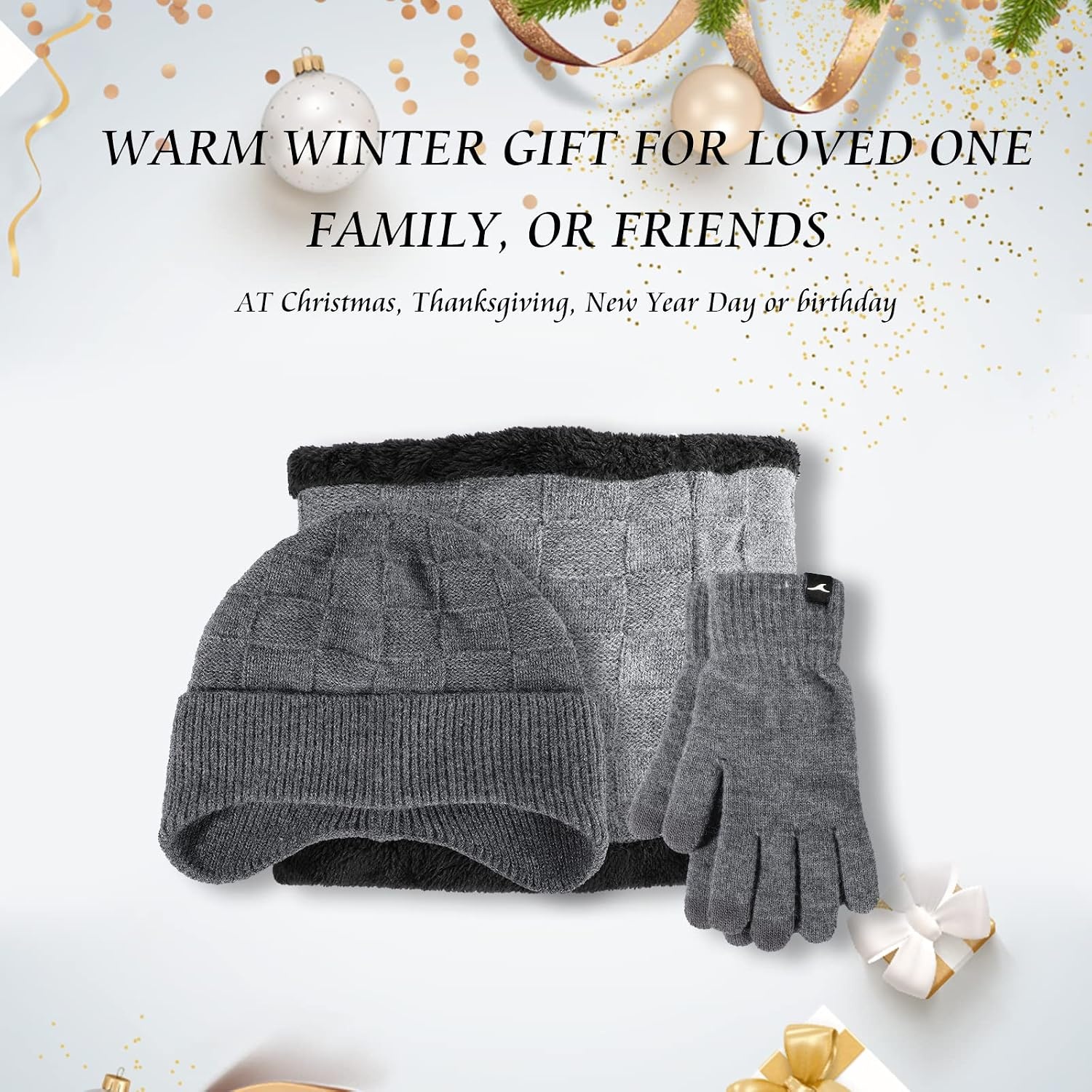 image:imageAchiou Winter Hats Scarf Gloves Set 3 Pcs Warm Knit Ski Beanie Hats for Men Touch Screen Texting Gloves Thermal Neck Warmer