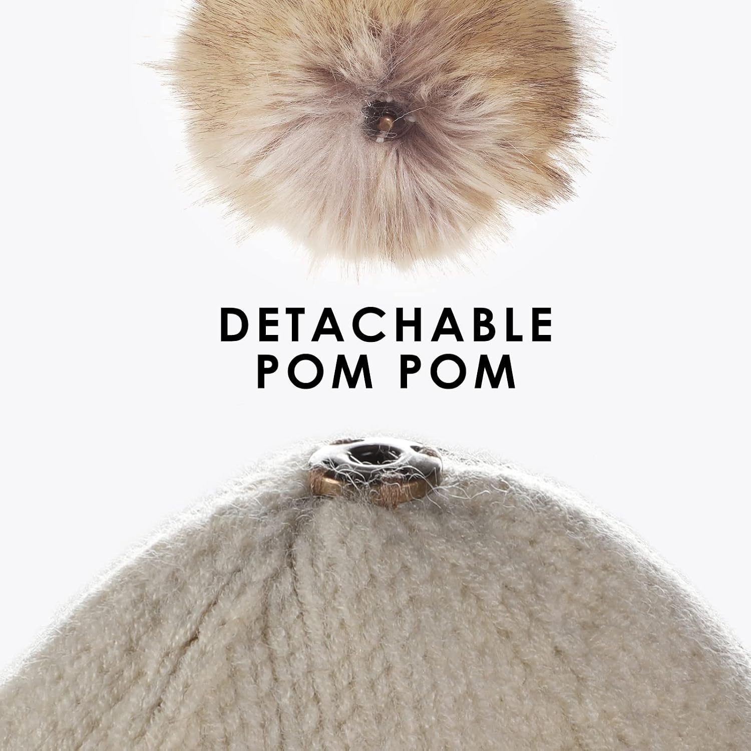 image:imageAchiou Winter Women Beanie Hat Warm Cable Knit Beanies for Women 3 Color Knitted Hat Skull Cap Faux Fur Pom Fleece Lined