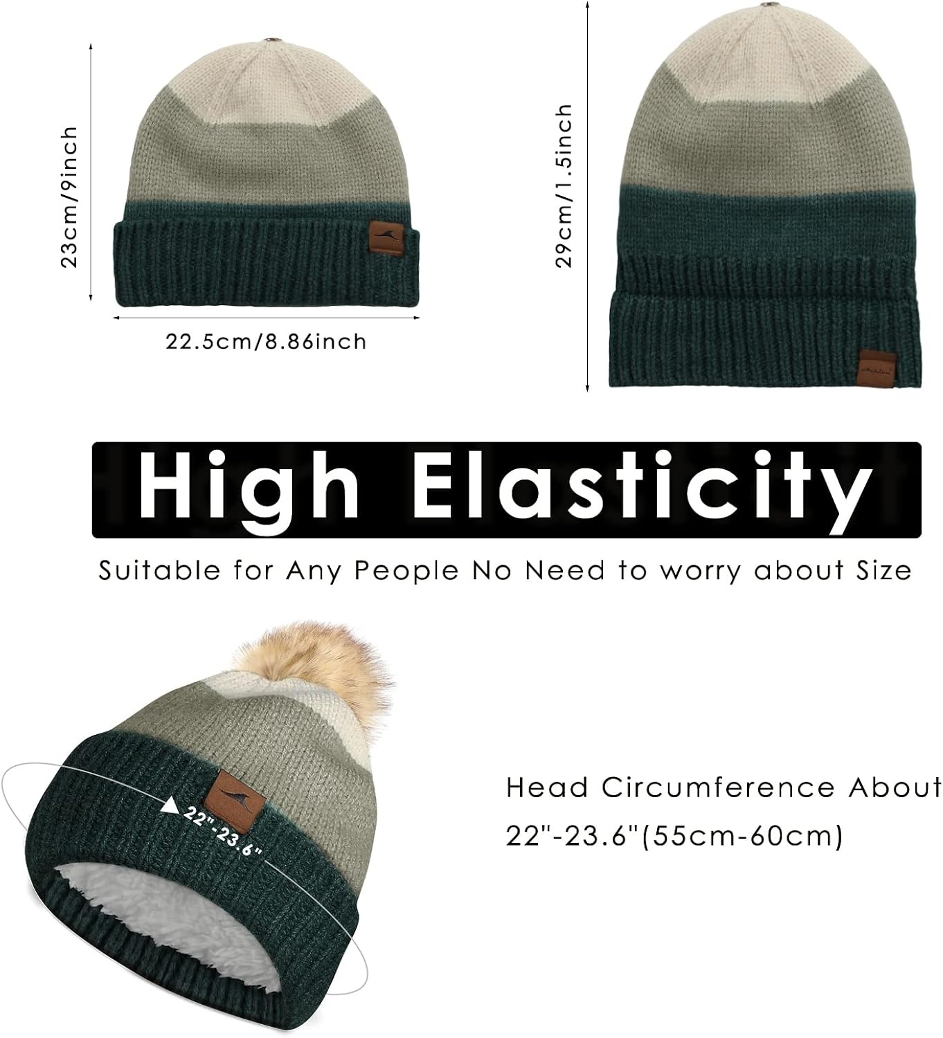 image:imageAchiou Winter Women Beanie Hat Warm Cable Knit Beanies for Women 3 Color Knitted Hat Skull Cap Faux Fur Pom Fleece Lined