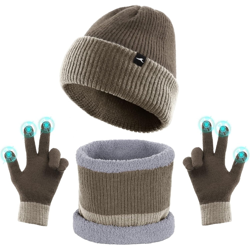 image:imageAchiou 3 Pcs Winter Beanie Hat Scarf Gloves Set Warm Knit Hat Skull Cap for Women Men Touch Screen Gloves Soft Neck Warmer