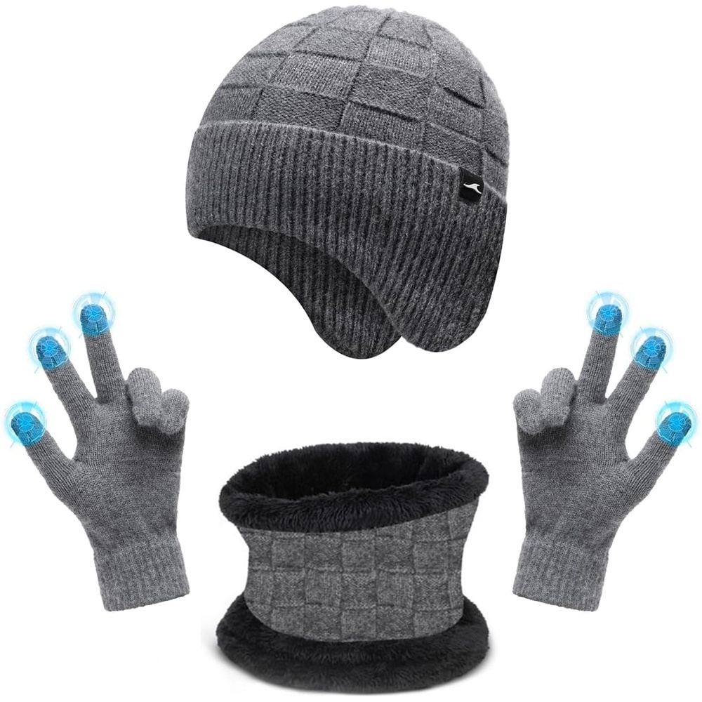 image:imageAchiou Winter Hats Scarf Gloves Set 3 Pcs Warm Knit Ski Beanie Hats for Men Touch Screen Texting Gloves Thermal Neck Warmer