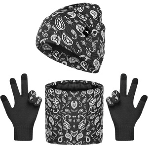 Achiou 3 Pcs Winter Hat Scarf Touchscreen Gloves Set, Warm Paisley Knit Hat Slouchy Beanie for Men Women Neck Warmer Gaiter