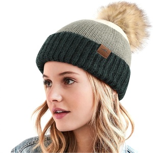 Achiou Winter Women Beanie Hat, Warm Cable Knit Beanies for Women, 3 Color Knitted Hat Skull Cap Faux Fur Pom Fleece Lined
