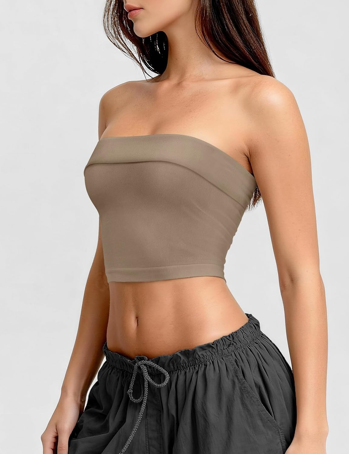 image:imageOLCHEE Womens Tube Tops Seamless Ribbed Strapless SummerBandeau White Khaki