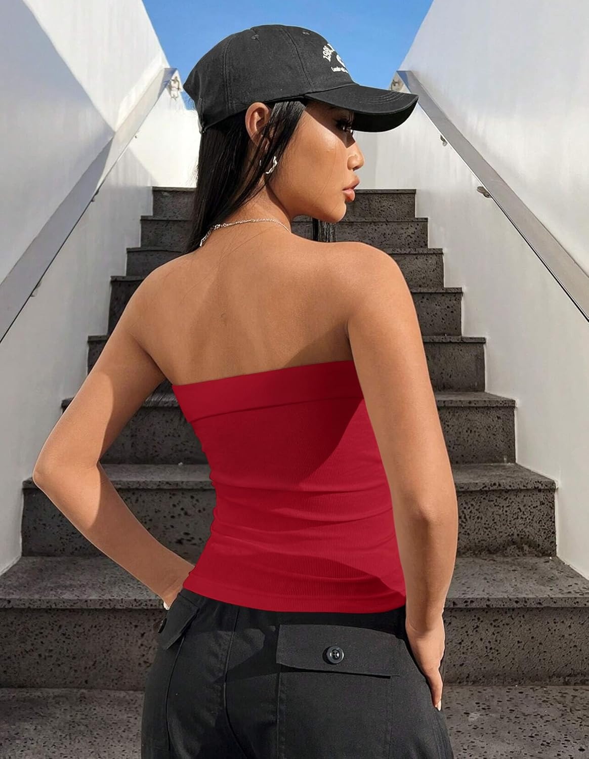 image:imageOLCHEE Womens Tube Tops Seamless Ribbed Strapless SummerBlack Red