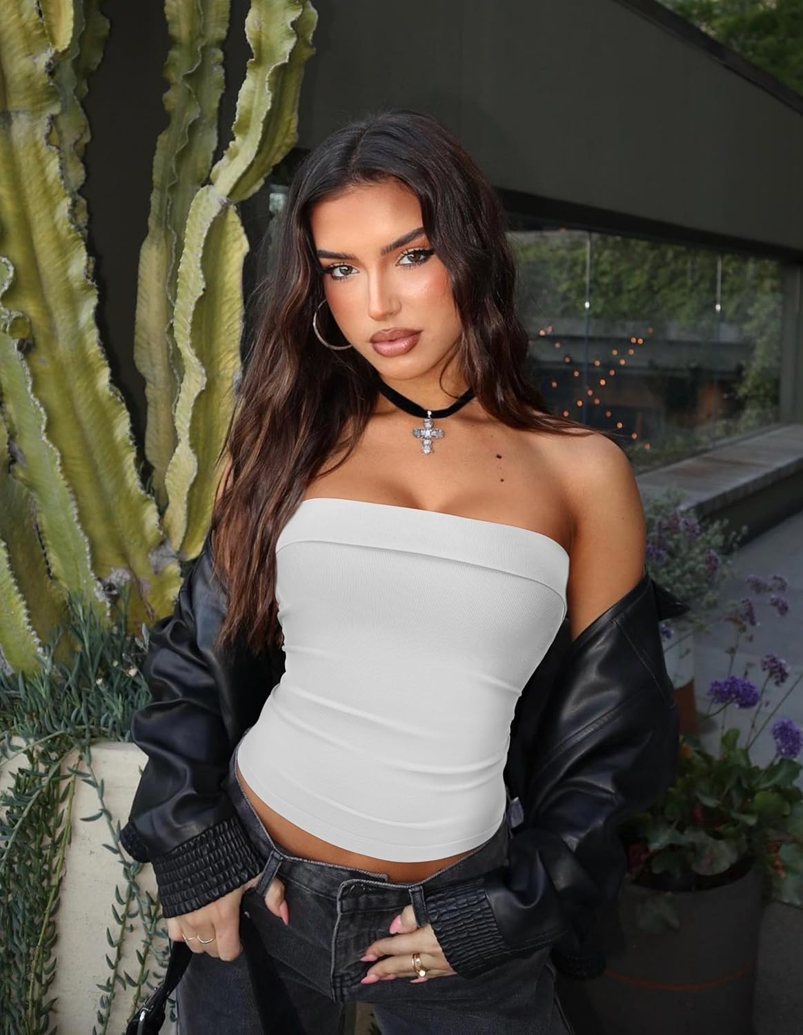 image:imageOLCHEE Womens Tube Tops Seamless Ribbed Strapless SummerBlack White