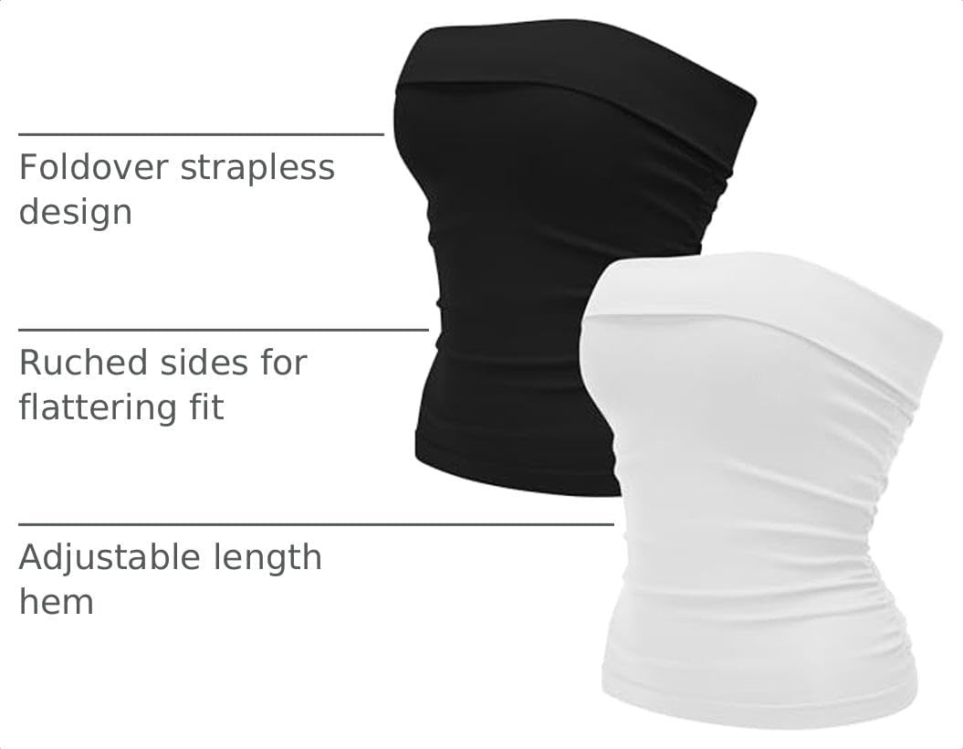 image:imageOLCHEE Womens Tube Tops Seamless Ribbed Strapless SummerBlack White