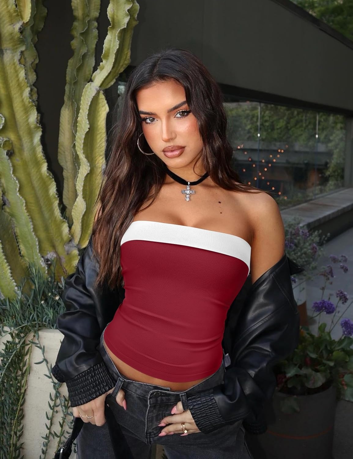 image:imageOLCHEE Womens Tube Tops Seamless Ribbed Strapless SummerContrast Black Cherry Red