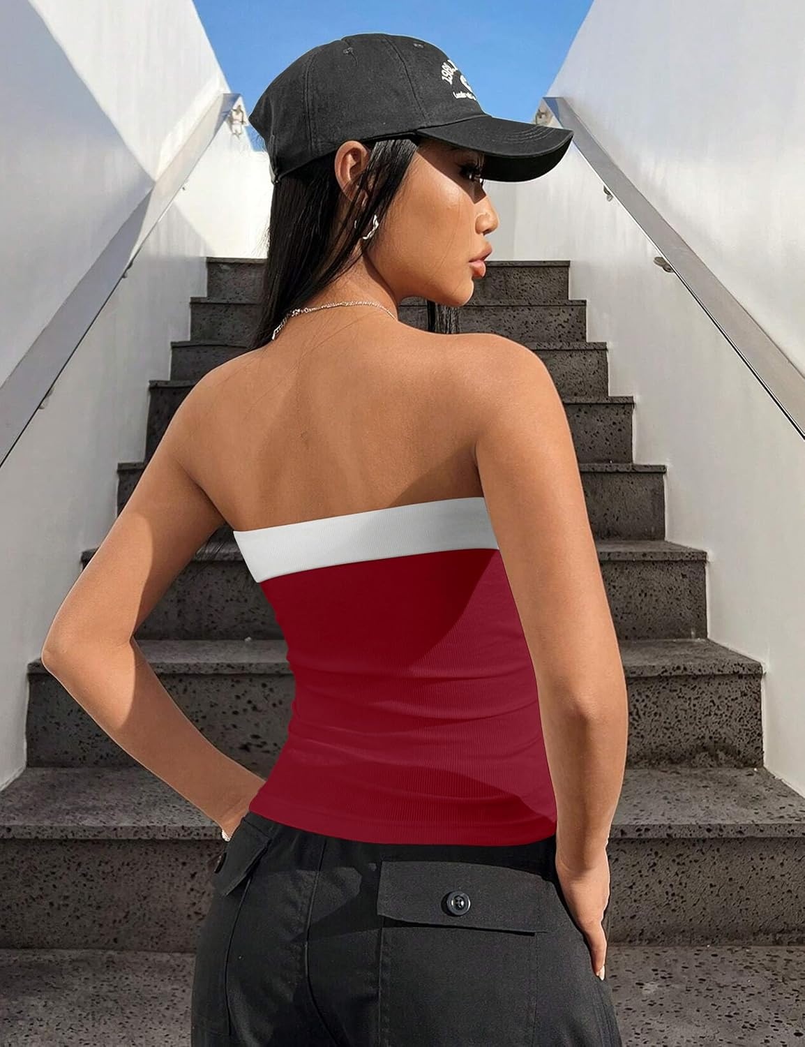 image:imageOLCHEE Womens Tube Tops Seamless Ribbed Strapless SummerContrast Black Cherry Red