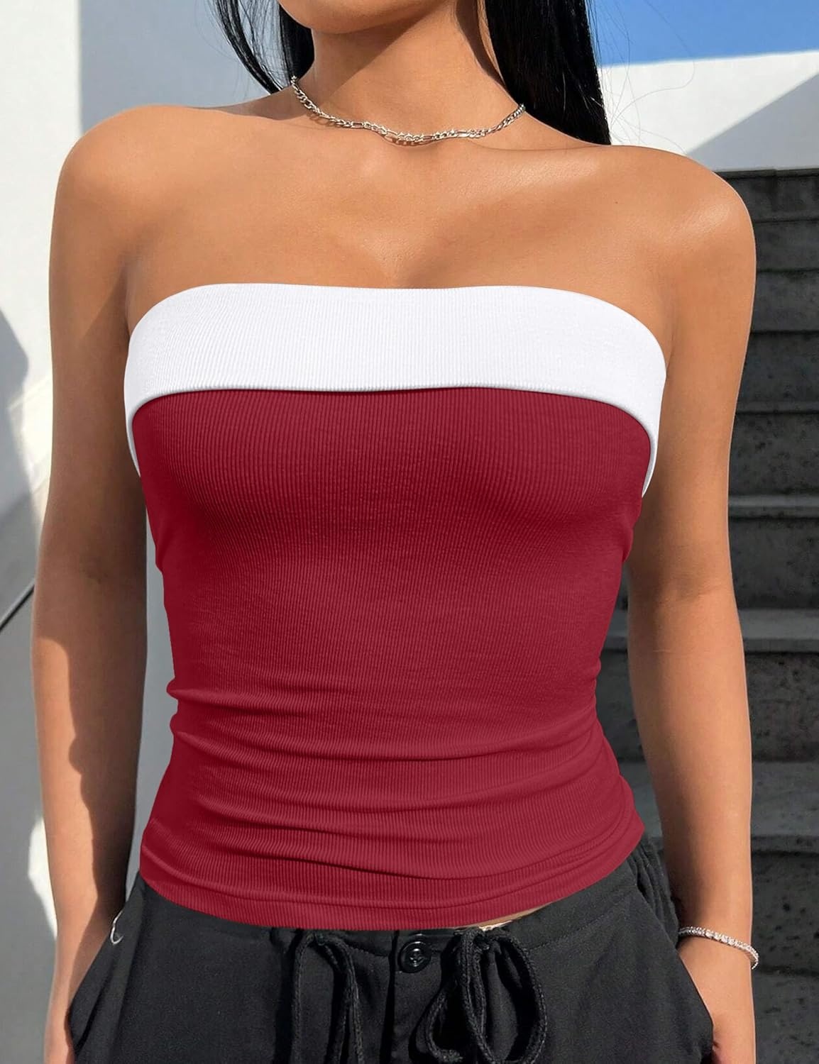 image:imageOLCHEE Womens Tube Tops Seamless Ribbed Strapless SummerContrast Black Cherry Red