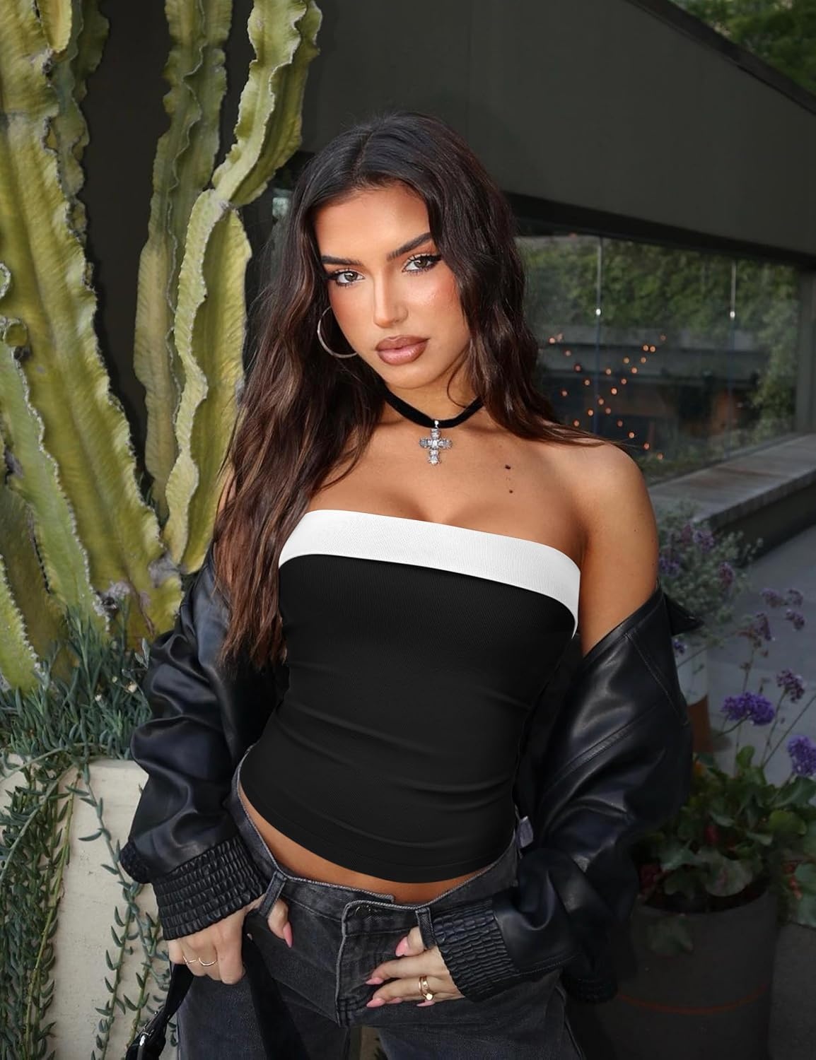 image:imageOLCHEE Womens Tube Tops Seamless Ribbed Strapless SummerContrast Black White