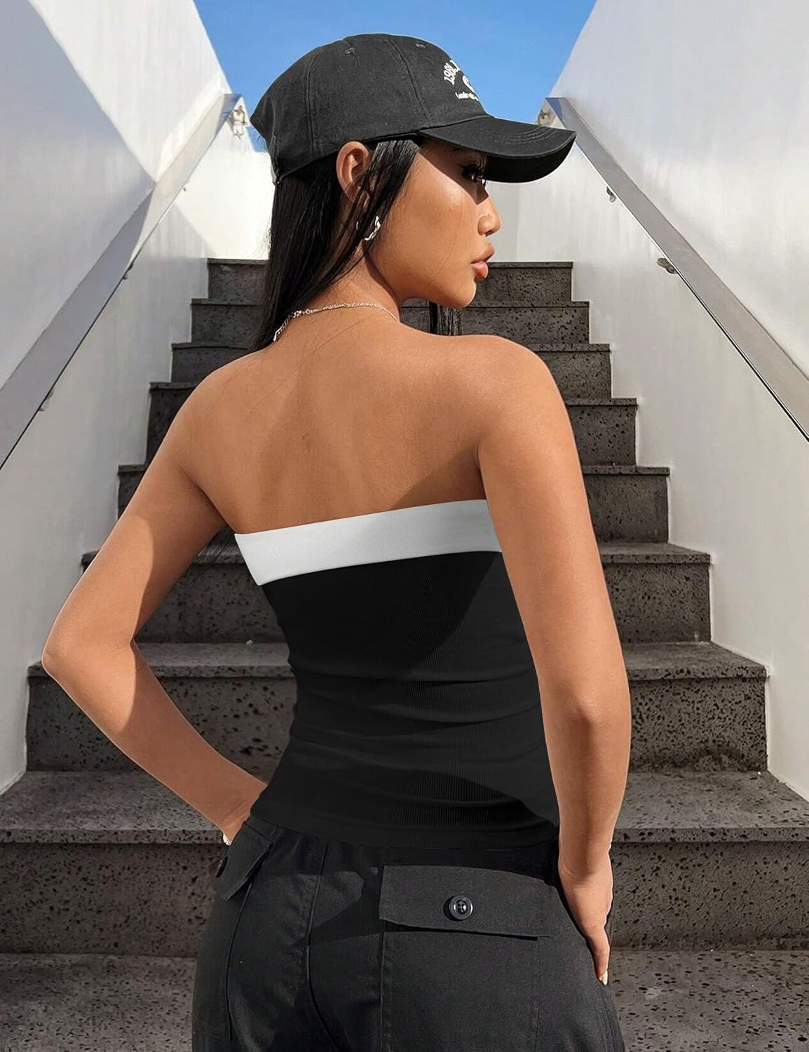 image:imageOLCHEE Womens Tube Tops Seamless Ribbed Strapless SummerContrast Black White