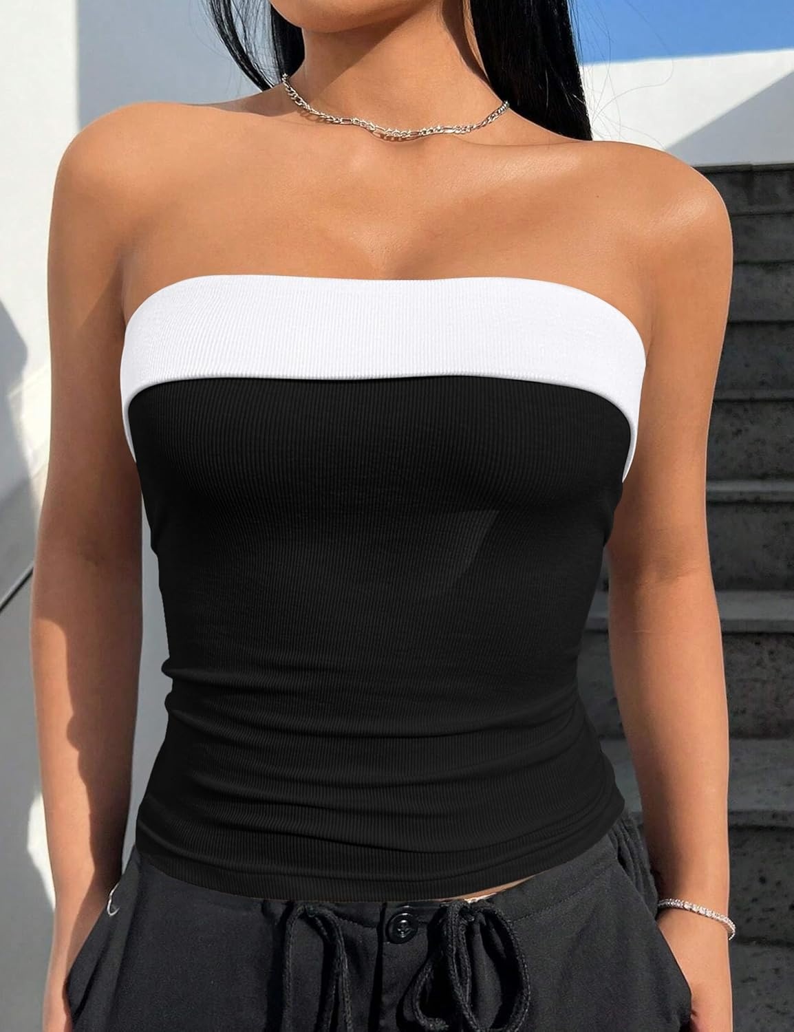 image:imageOLCHEE Womens Tube Tops Seamless Ribbed Strapless SummerContrast Black White