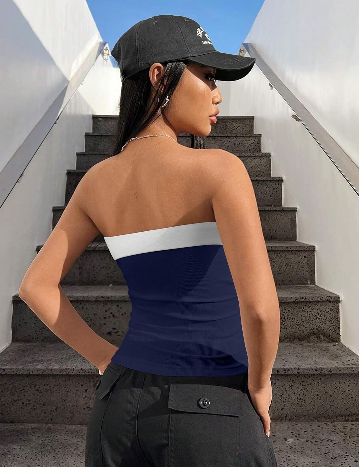 image:imageOLCHEE Womens Tube Tops Seamless Ribbed Strapless SummerContrast Navy White