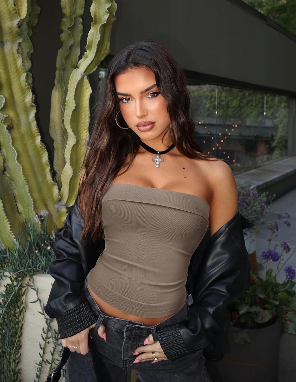 image:imageOLCHEE Womens Tube Tops Seamless Ribbed Strapless SummerWhite Khaki