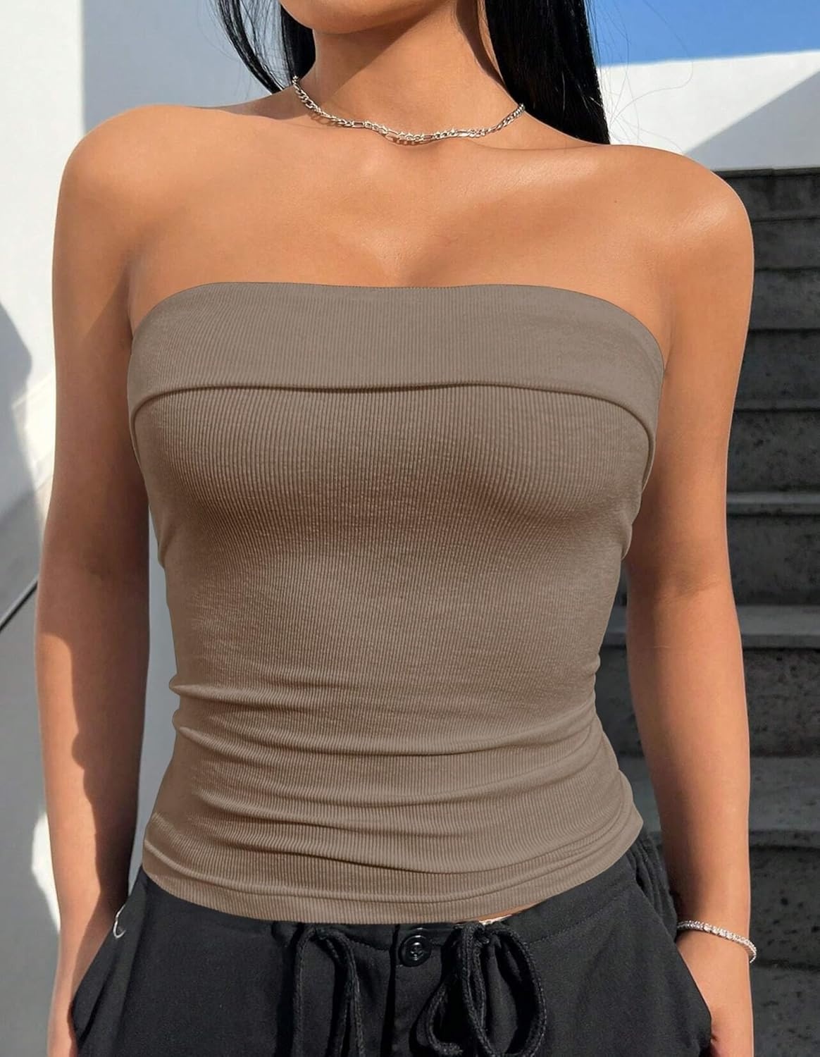 image:imageOLCHEE Womens Tube Tops Seamless Ribbed Strapless SummerWhite Khaki