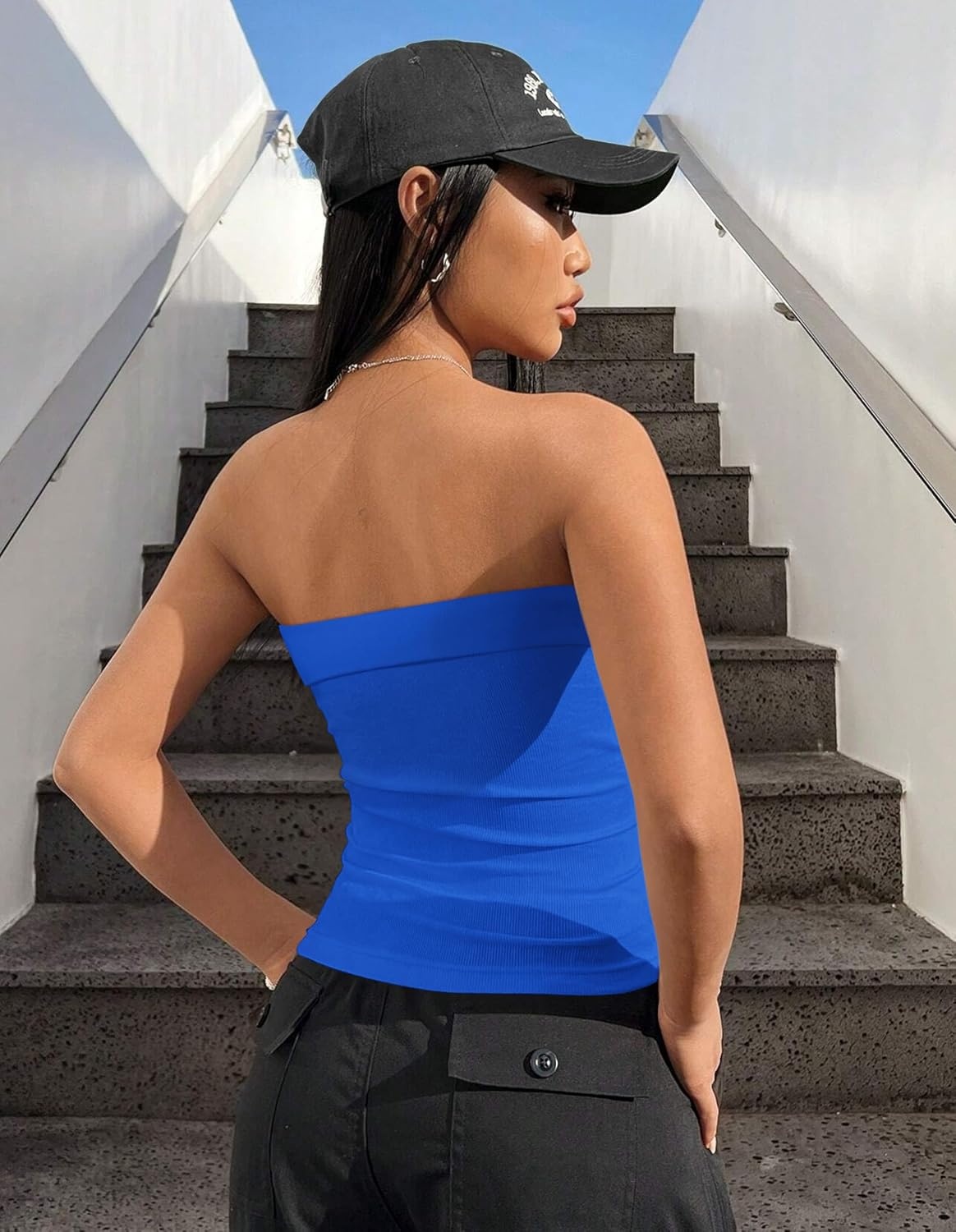 image:imageOLCHEE Womens Tube Tops Seamless Ribbed Strapless SummerWhite Royal Blue