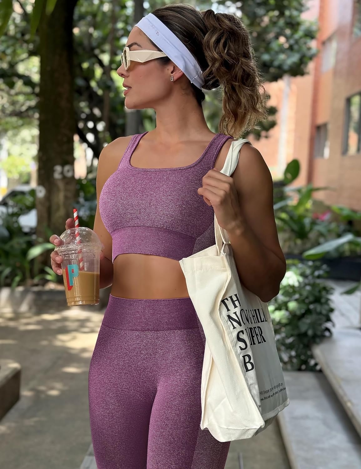 image:imageOLCHEE Womens Workout Sets 2 Piece Square Neck Sports Bra LeggingsEggplant Purple