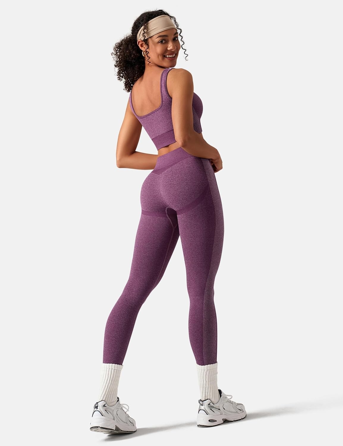image:imageOLCHEE Womens Workout Sets 2 Piece Square Neck Sports Bra LeggingsEggplant Purple