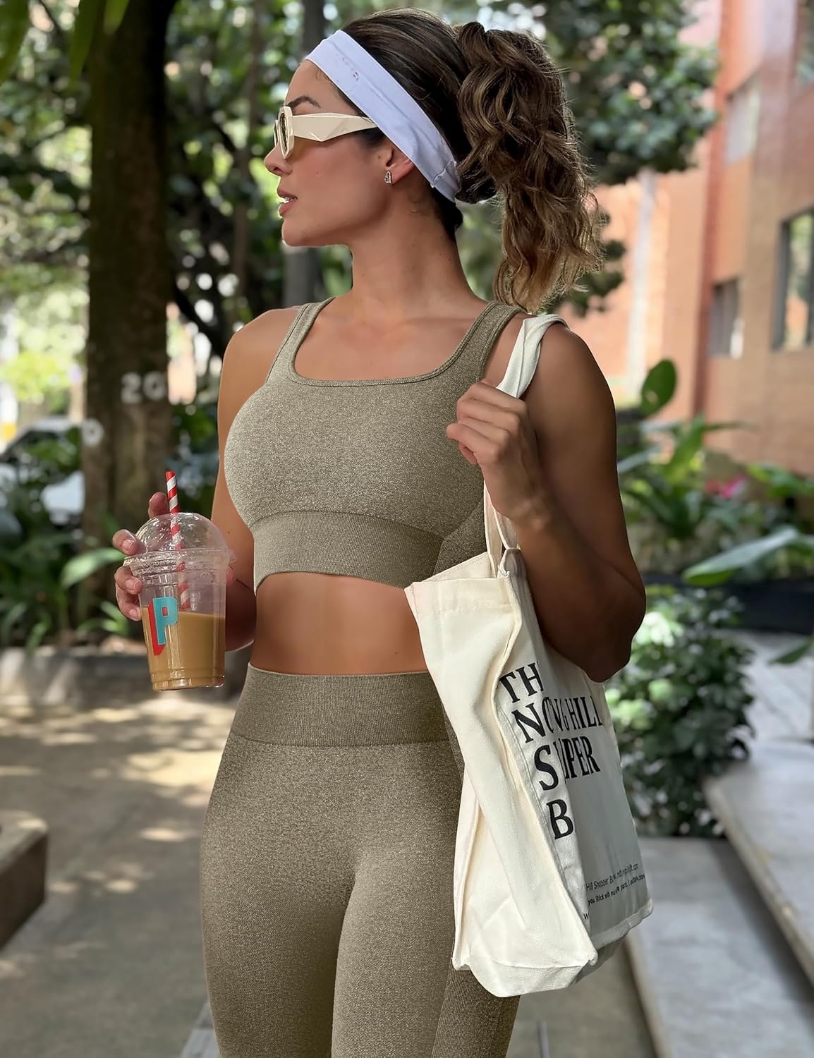 image:imageOLCHEE Womens Workout Sets 2 Piece Square Neck Sports Bra LeggingsOlive Green