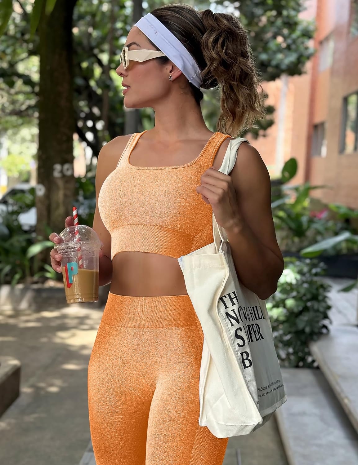 image:imageOLCHEE Womens Workout Sets 2 Piece Square Neck Sports Bra LeggingsOrange