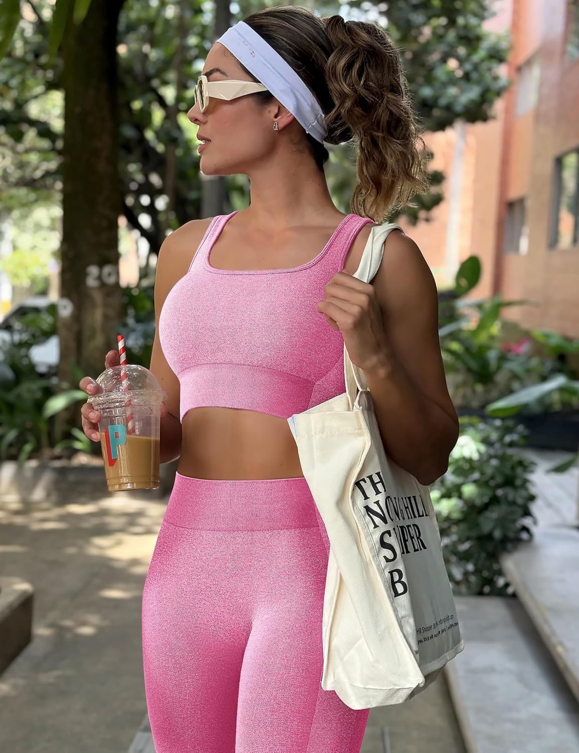 image:imageOLCHEE Womens Workout Sets 2 Piece Square Neck Sports Bra LeggingsPink
