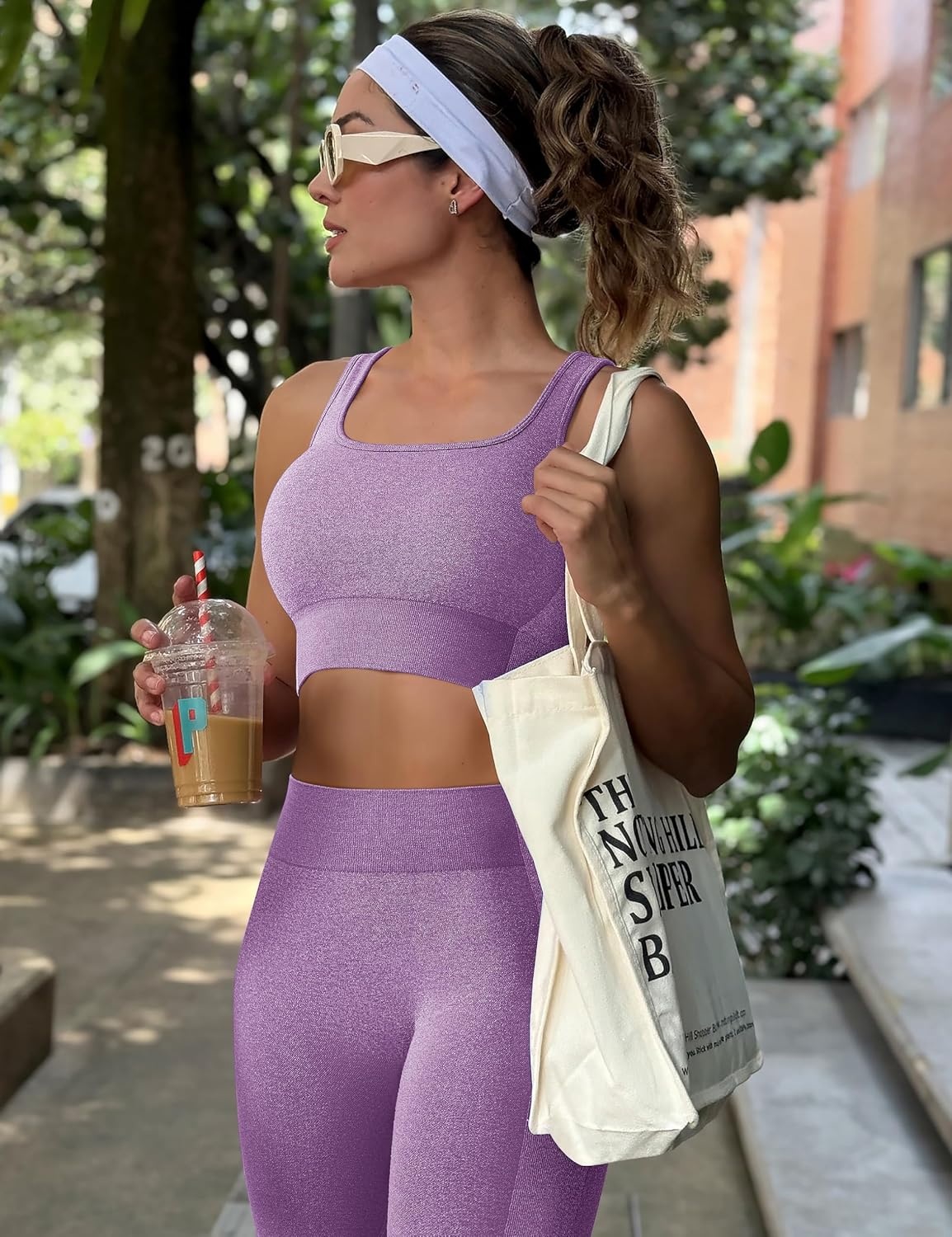 image:imageOLCHEE Womens Workout Sets 2 Piece Square Neck Sports Bra LeggingsPurple