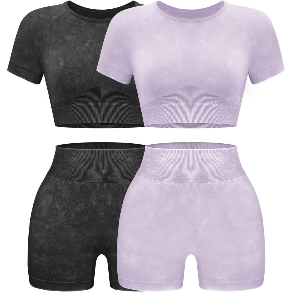 image:imageOLCHEE Women Workout Sets 2 Piece Seamless Gym Shorts Short Sleeve Crop TopBlack Purple