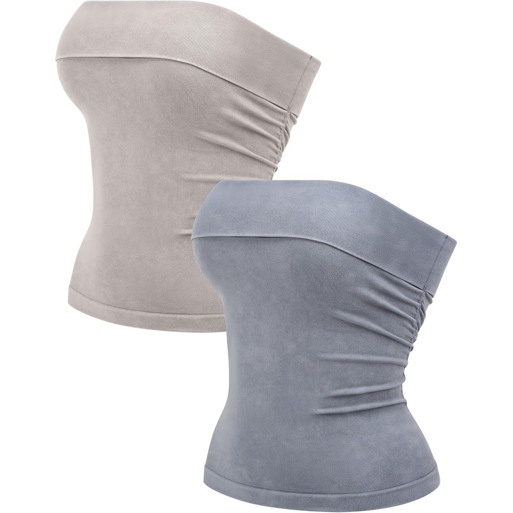 image:imageOLCHEE Womens Tube Tops Seamless Ribbed Strapless SummerAcid Wash Grey Cream