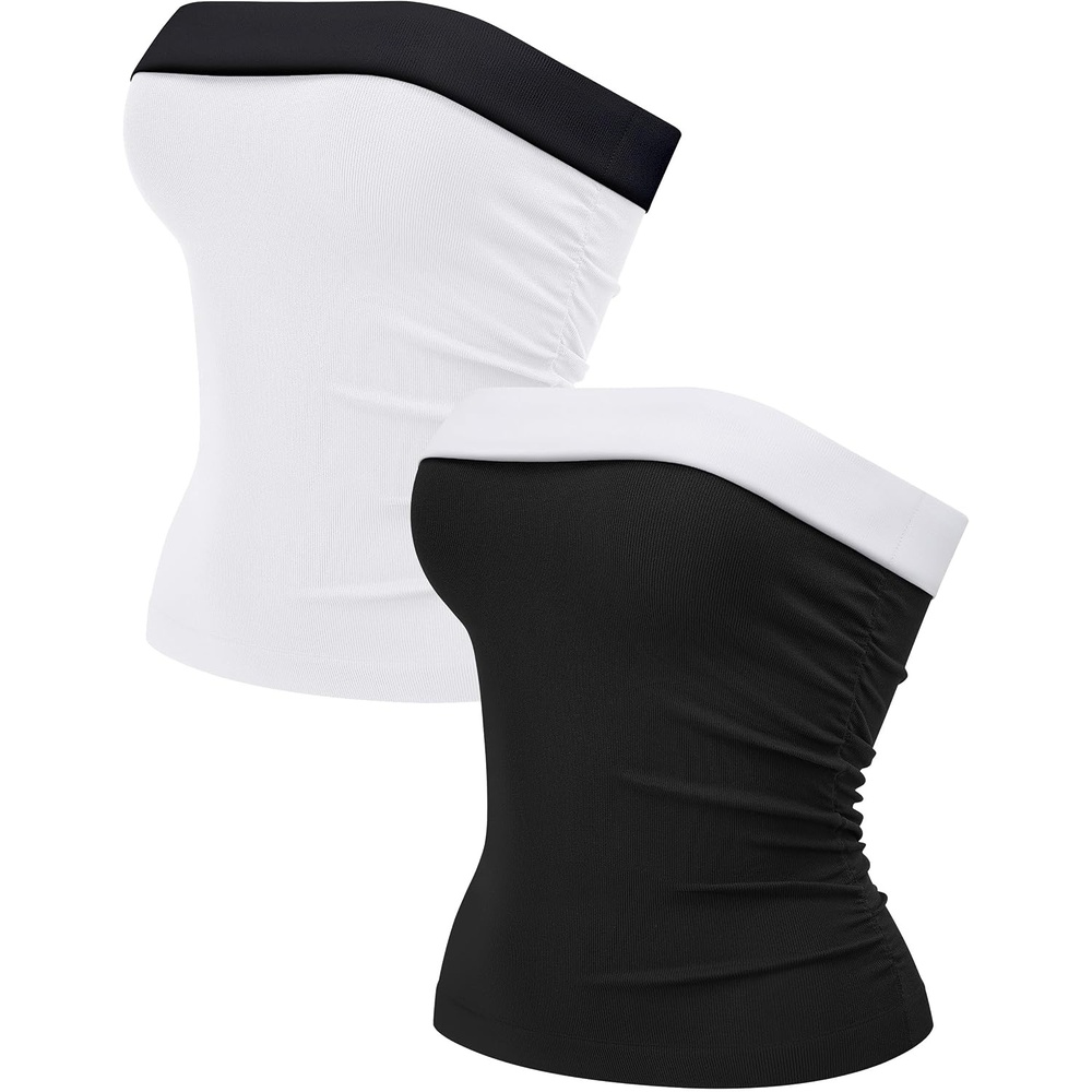 image:imageOLCHEE Womens Tube Tops Seamless Ribbed Strapless SummerContrast Black White