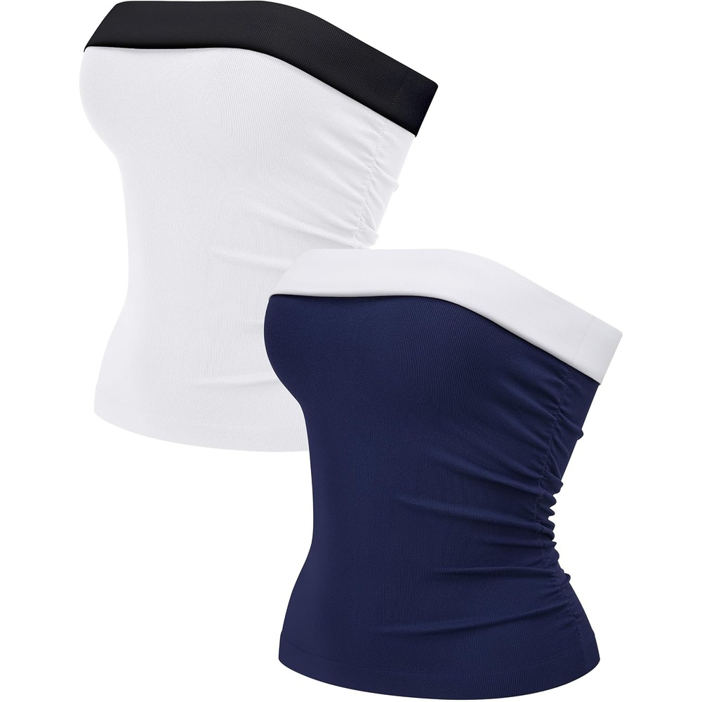 image:imageOLCHEE Womens Tube Tops Seamless Ribbed Strapless SummerContrast Navy White