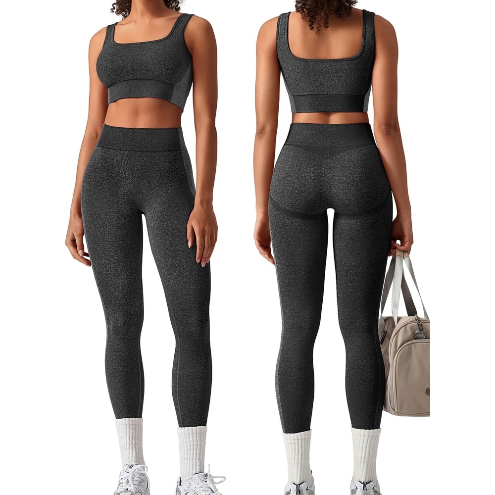 image:imageOLCHEE Womens Workout Sets 2 Piece Square Neck Sports Bra LeggingsBlack