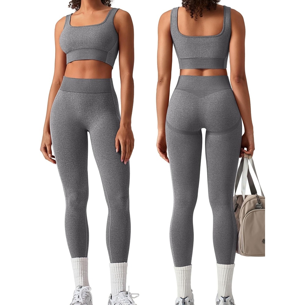 image:imageOLCHEE Womens Workout Sets 2 Piece Square Neck Sports Bra LeggingsGrey