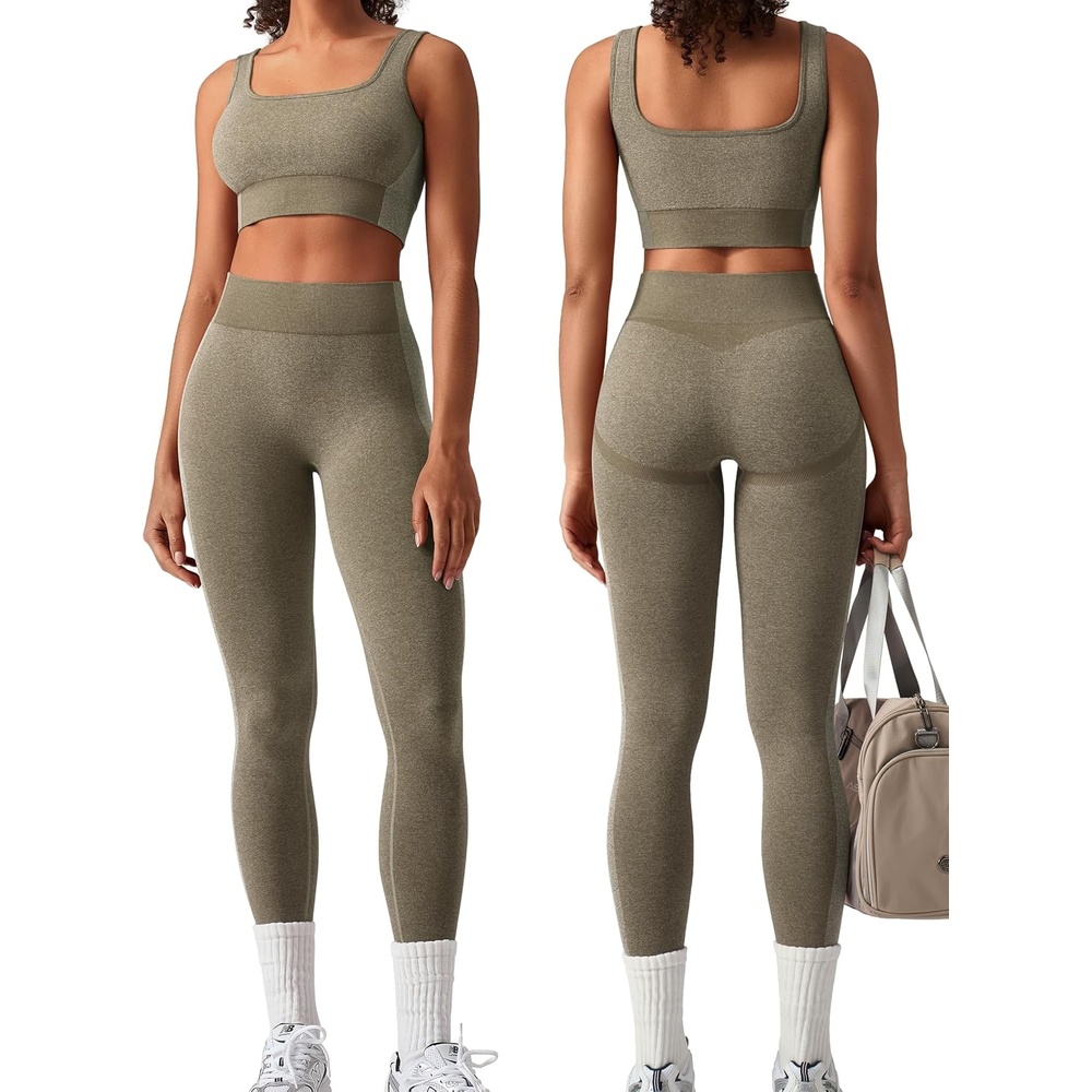 image:imageOLCHEE Womens Workout Sets 2 Piece Square Neck Sports Bra LeggingsOlive Green