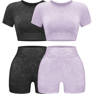 OLCHEE Women Workout Sets 2 Piece Seamless Gym Shorts Short Sleeve Crop Top(Black + Purple)