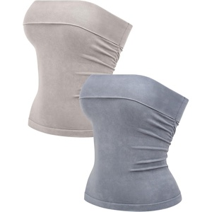 OLCHEE Womens Tube Tops Seamless Ribbed Strapless Summer(Acid Wash: Grey + Cream)