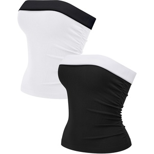 OLCHEE Womens Tube Tops Seamless Ribbed Strapless Summer(Contrast: Black + White)