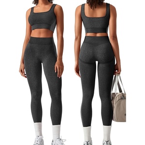 OLCHEE Womens Workout Sets 2 Piece Square Neck Sports Bra Leggings(Black)