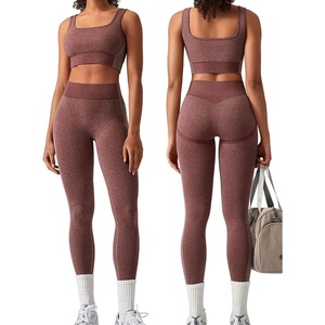 OLCHEE Womens Workout Sets 2 Piece Square Neck Sports Bra Leggings(Brown)