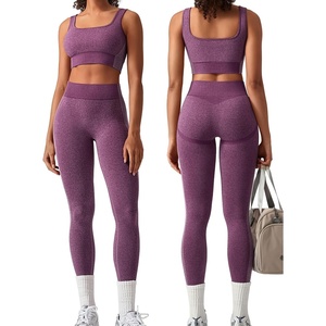 OLCHEE Womens Workout Sets 2 Piece Square Neck Sports Bra Leggings(Eggplant Purple)