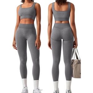 OLCHEE Womens Workout Sets 2 Piece Square Neck Sports Bra Leggings(Grey)