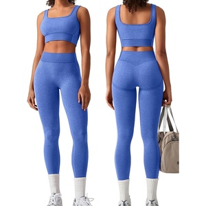 OLCHEE Womens Workout Sets 2 Piece Square Neck Sports Bra Leggings(Light Blue)