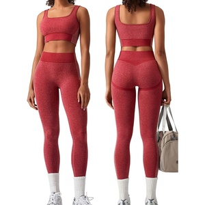 OLCHEE Womens Workout Sets 2 Piece Square Neck Sports Bra Leggings(Red)