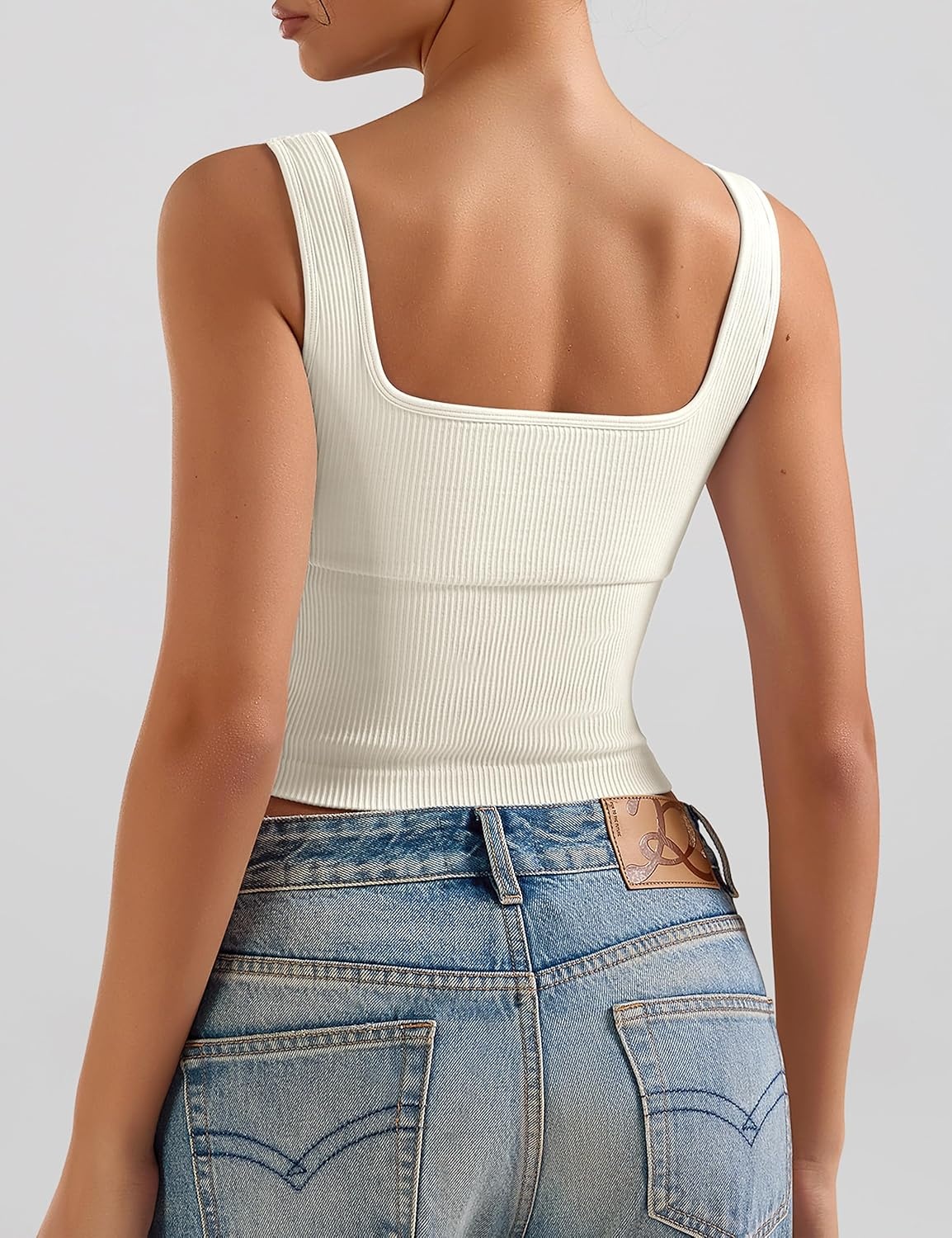 image:imageOLCHEE Womens 2 Pack Crop Tank Tops Square Neck Workout Top PaddedBeige Navy