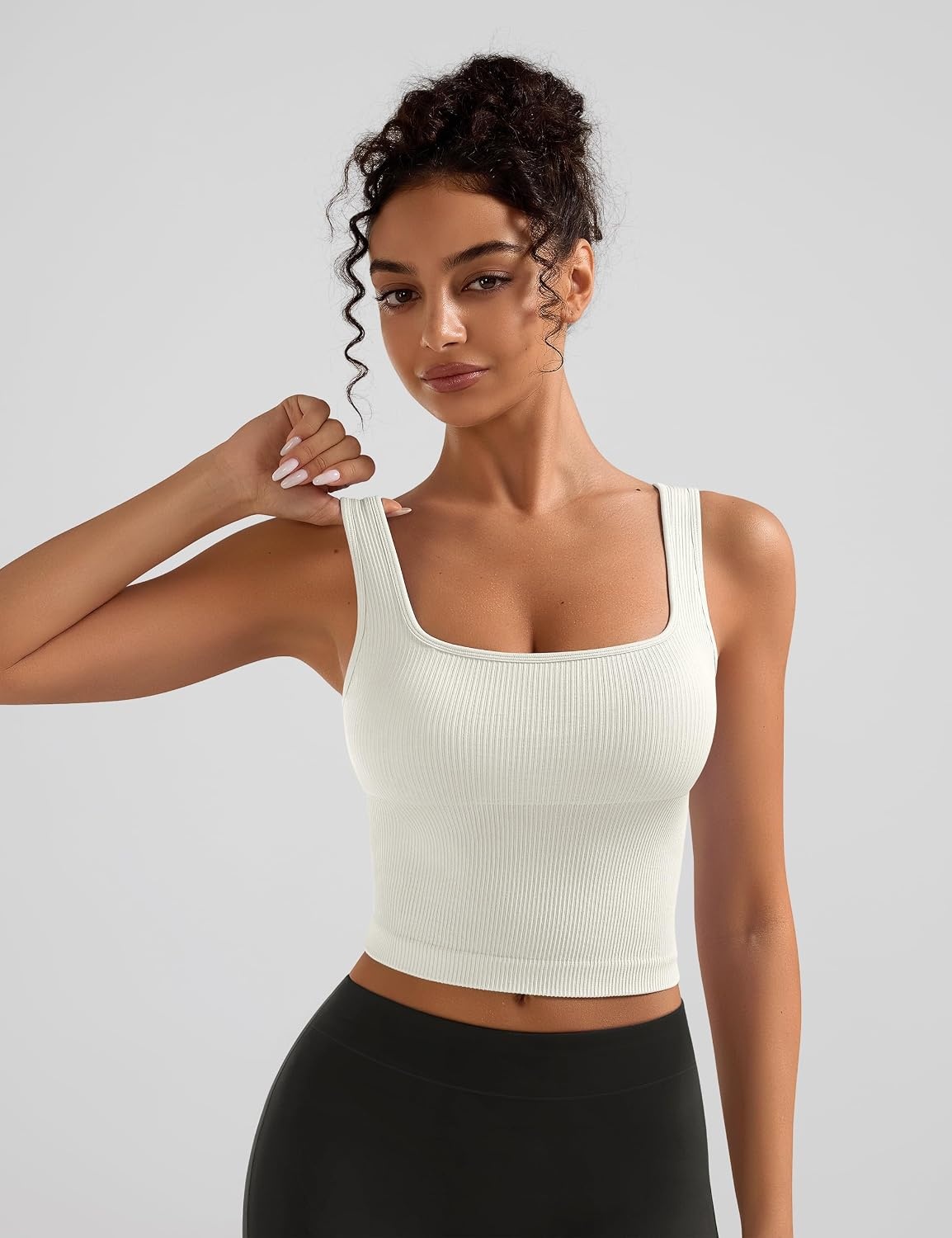 image:imageOLCHEE Womens 2 Pack Crop Tank Tops Square Neck Workout Top PaddedBeige Navy